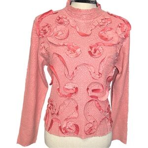 VTG Alberto Makali Pink Popcorn Scrunch Top 3D Rosette Textured Mock Neck
